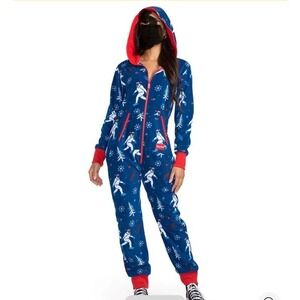 Tipsy Elves Yuletide Yeti Mens Jumpsuit‎ Blue Fleece Christmas Onesie Large New